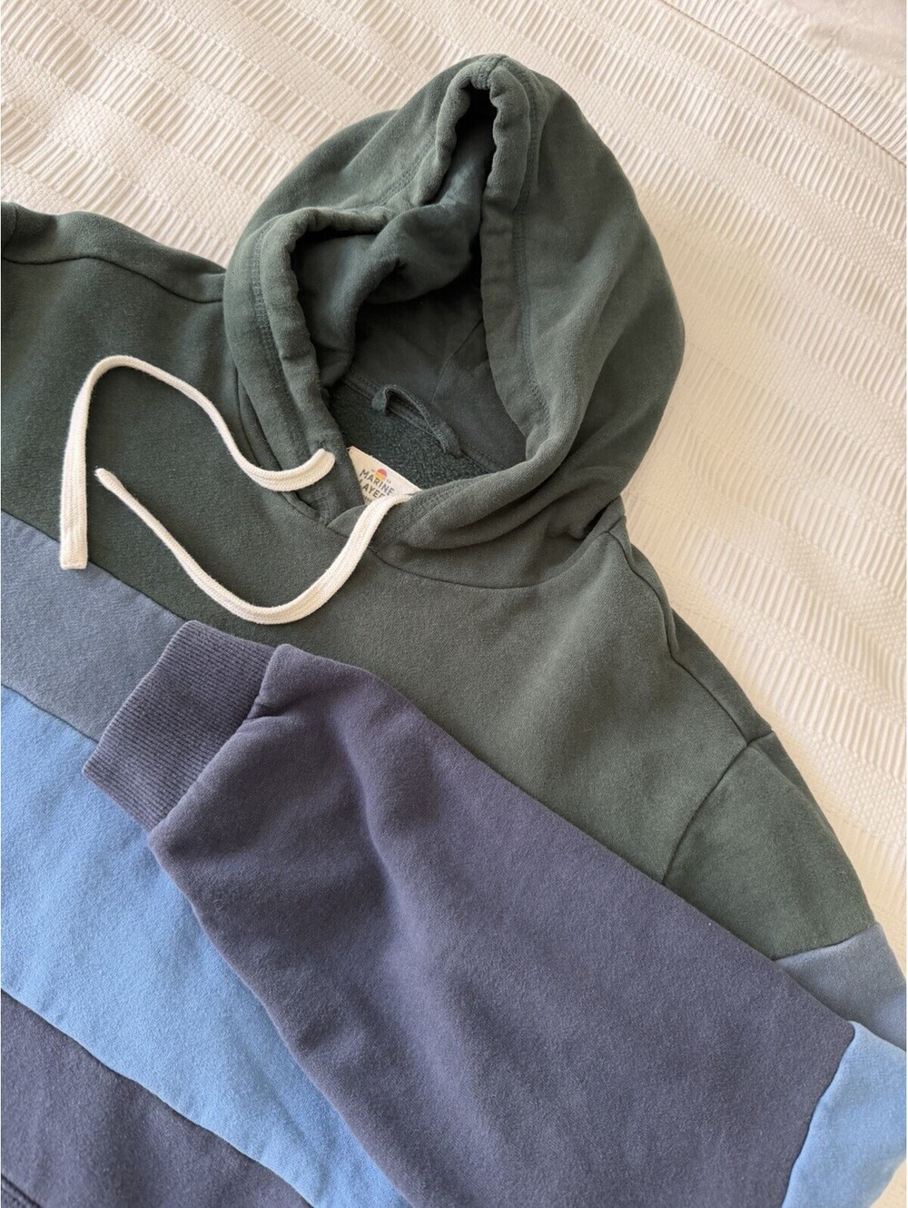 Marine Layer Men’s Hoodie Size Large Colorblock Stripe Pullover Blue Green Navy